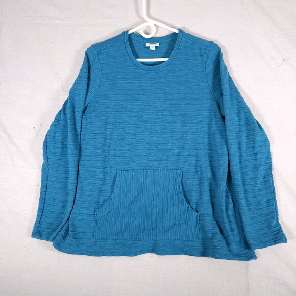 J Jill Lagenlook Blue Textured Knit Top Medium Long Sleeve Kangaroo Pocket Artsy - Picture 1 of 13